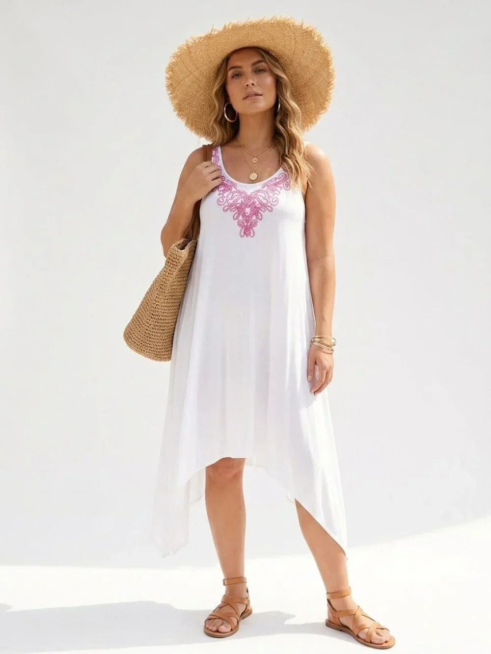 6 Shore Road White Embroidered Handkerchief Tunic Dress Large | Boho Beach Cover